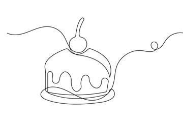 One line drawing of a birthday cake with candles in minimalist style isolated on white background