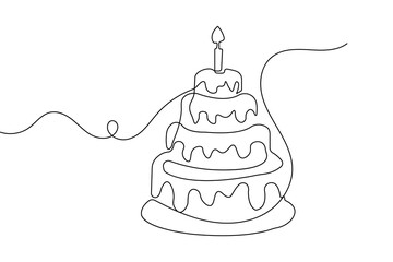 One line drawing of a birthday cake with candles in minimalist style isolated on white background