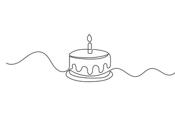 One line drawing of a birthday cake with candles in minimalist style isolated on white background