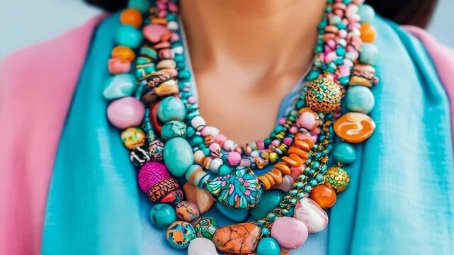 Eclectic layering of vibrant, multi-hued beaded necklaces adorning persons neck, creating bold and fashionable statement piece.