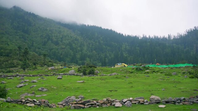 View form Kheerganga Campsite, Parvati Valley, Dauladhar Range, Himachal Pradesh, India.