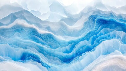 Abstract flowing layers of icy blue and white serene mountain landscape, ethereal gentle undulation of glacial formations, tranquil atmospheric depth, dreamlike icy terrain, serene winter abstract. - Powered by Adobe