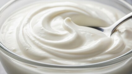 This appetizing, bright white, extreme close-up captures the rich, thick swirls of creamy greek yogurt being scooped from a clear glass bowl.