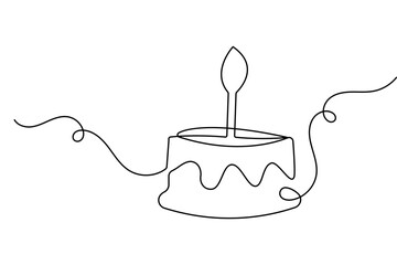 One line drawing of a birthday cake with candles in minimalist style isolated on white background