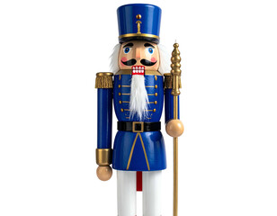 A standing, decorative wooden figurine of a soldier, in blue uniform, with spear
