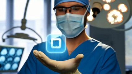 Surgeon in scrubs and mask interacting with a glowing digital interface in a modern operating room - Powered by Adobe