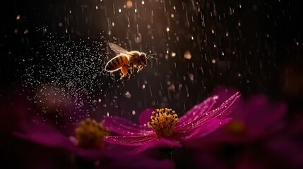 A bee hovers near a vibrant pink flower, with droplets of water shimmering in the light, This image is ideal for nature-themed projects, environmental campaigns
