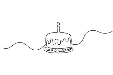 One line drawing of a birthday cake with candles in minimalist style isolated on white background