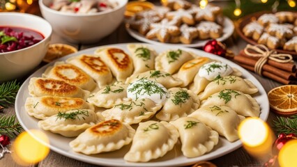 A warm, festive close-up features traditional polish pierogi topped with sour cream and dill, beautifully arranged on a white plate during a cozy christmas eve dinner.