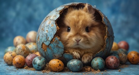 adorable fluffy rabbit emerging from cracked egg with colorful speckled eggs around it on blue background.