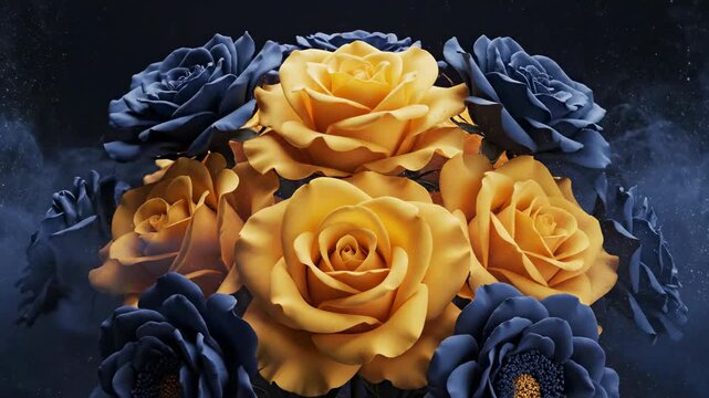 A dynamic abstract animation where deep navy blue flowers slowly dissolve and reform around elegant golden yellow roses creating a mesmerizing color contrast abstract, yellow, navy