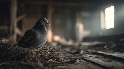 Rustic pigeon stands inside wooden attic near nest of twigs and feathers with natural light shafts cutting through dust particles.
