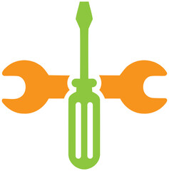 A green screwdriver stands between two orange wrenches on a white background.