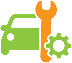 A wrench and gear next to a car