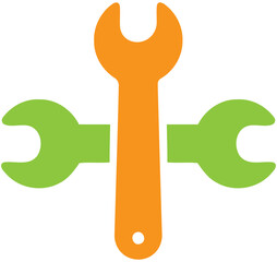 Three wrenches are crossed with one orange and two green tools