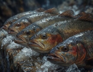 freshly caught perch on ice display at a fish market