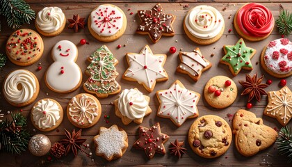 Assortment of decorated Christmas cookies on a wooden surface, festive and inviting