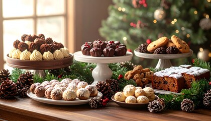Festive holiday dessert spread features various baked goods on serving plates, near a tree