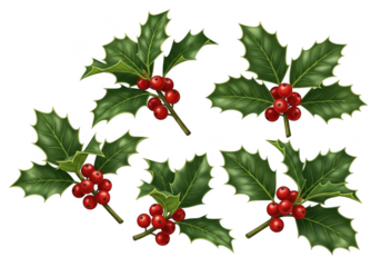Five sprigs of festive holly with red berries on black background