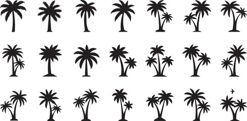 Collection of Minimalist Tropical Palm Tree Silhouettes and Exotic Island Coconut Tree Icons for Summer Travel and Nature Branding. © rofikgraph24