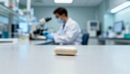 Laboratory scene featuring a white capsule on a table with a blurred scientist in a lab coat working with a microscope, showcasing pharmaceutical research and development processes
