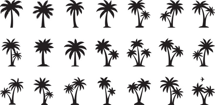 Collection of Minimalist Tropical Palm Tree Silhouettes and Exotic Island Coconut Tree Icons for Summer Travel and Nature Branding.