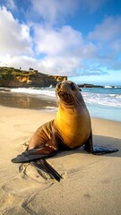 Obraz premium A close-up view of a brown sea lion basking on a sandy beach, against a backdrop of cliffs, ocean waves, and blue sky
