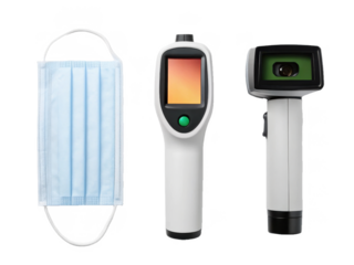 A pristine, disposable light-blue surgical face mask constructed from layered non-woven polypropylene fabric lies flat alongside a sleek, modern white infrared, isolated on transparent background.