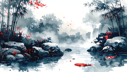 Ink bamboo river valley with koi for elegant brand backdrops. Monochrome oriental waterscape ideal for minimalist wall art. Red blossom accent landscape perfect for spa brochure covers