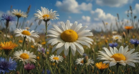 wildflower meadow with daisies and cornflowers under a bright blue sky.