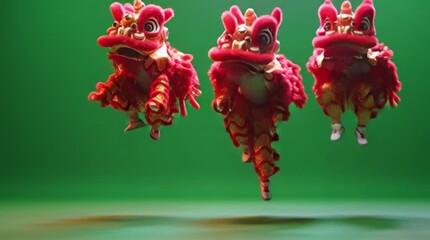Three vibrant red lion dance performers leap energetically against a clean green screen, capturing the spirit of traditional Chinese celebration and cultural artistry