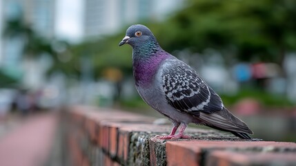 Urban pigeon stands on red brick ledge showing sharp focus on iridescent neck feathers against blurred green park background scenery.