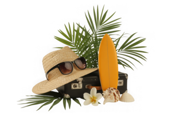 Tropical holiday travel essentials on transparent background