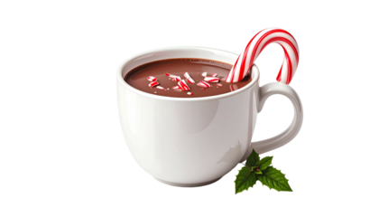 A white mug overflows with hot chocolate, a candy cane, and mint leaves, on black