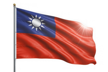 The flag of taiwan waving in the wind against a bright sun and isolated on transparent background