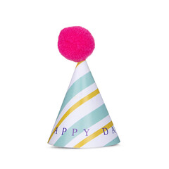 Party hat featuring a vibrant pink pompom and colorful stripes, celebrating a birthday or event. Side view. Ideal for cutout and use as photo prop. Isolated on a white background.