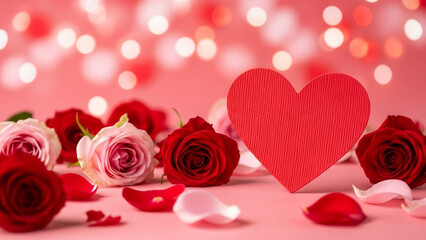 Romantic valentines day scene with red heart roses and bokeh lights on pink background