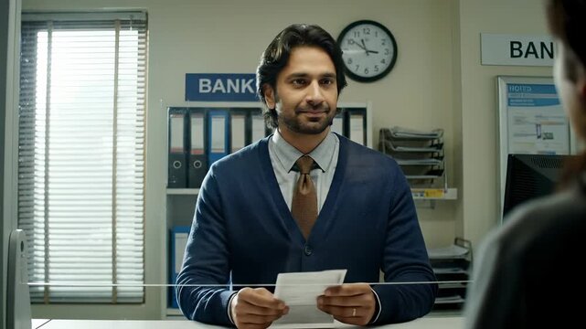 Banker holds document meeting client in bank office. Manager discusses financial service with customer. Professional banker at desk helps client. Bank employee provides service in office meeting.