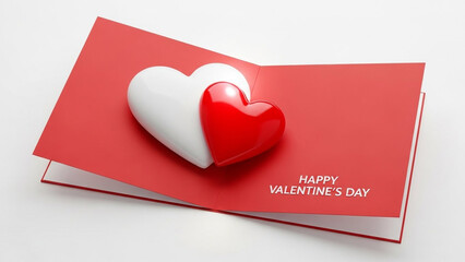 Red and white hearts on a valentines day card with a romantic message on a light gray background