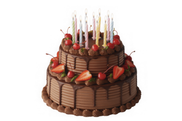 Twotiered chocolate birthday cake with strawberries, cherries, and candles isolated on transparent background
