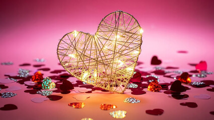 A romantic heart shaped wire and light decoration on a pink background with petals and gems