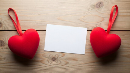 Two red heart shaped ornaments on a wooden background with a blank white card for valentines day or love themed messages