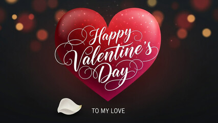 Happy valentines day greeting card with red heart and bokeh lights on black background