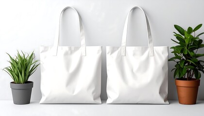 White Reusable Shopping Bags with Plants.