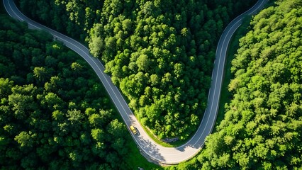 Wildlife habitat aerial view of winding forest road through dense green trees