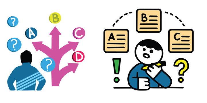 A cartoon man looking confused with question marks and arrows pointing in different directions indicating indecision or uncertainty with puzzled