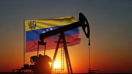 This dramatic silhouette captures a venezuelan oil pumpjack actively drilling beneath a warm, golden sunset sky, highlighting the nation's energy extraction industry.