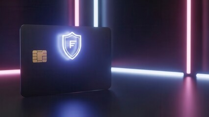 A dark, futuristic payment card featuring a glowing neon security shield is dramatically presented under vibrant pink and blue studio lighting, emphasizing high-tech protection.