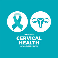 January is Cervical Health Awareness Month poster vector illustration. Teal cancer awareness ribbon and uterus icon set. Female reproductive health symbol. Template for background, banner, card