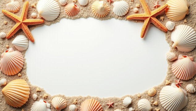 seashell frame on white background